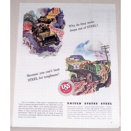 1944 USS Steel Color Wartime Art Ad JEEPS OUT OF STEEL