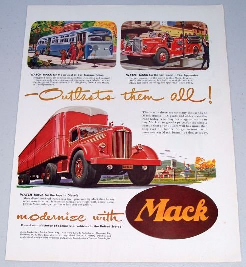 1949 Mack Trucks Delivery Fire Truck Bus Bulldog Art 2 Page Color Print Ad