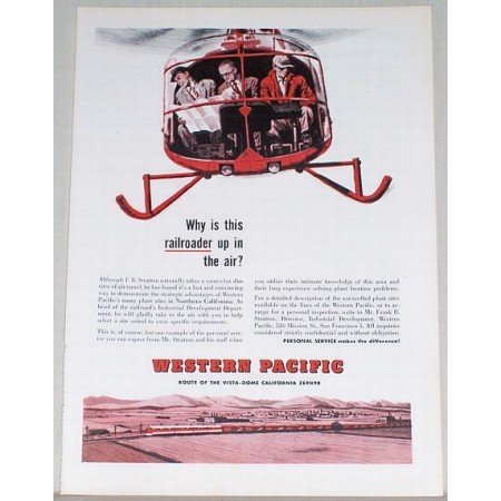 1955 Western Pacific Railroad Train Helicopter Art Color Print Ad