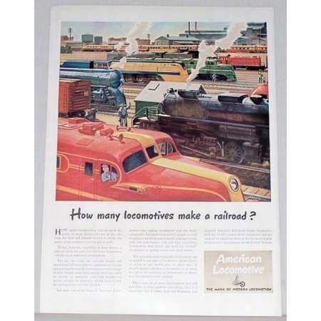 1945 American Locomotive Color Print Art Ad - How Many Locomotives