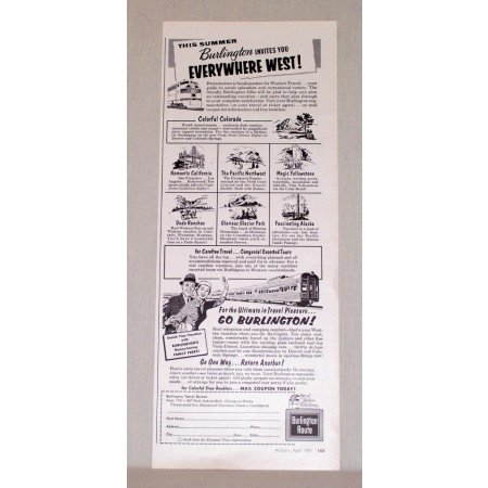 1957 Burlington Route Railroad Vintage Print Ad - Everywhere West
