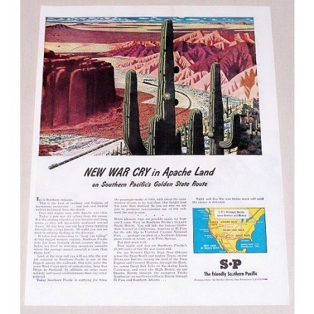 1945 Southern Pacific Railway Desert Cactus Art Color Print Ad - Apache Land