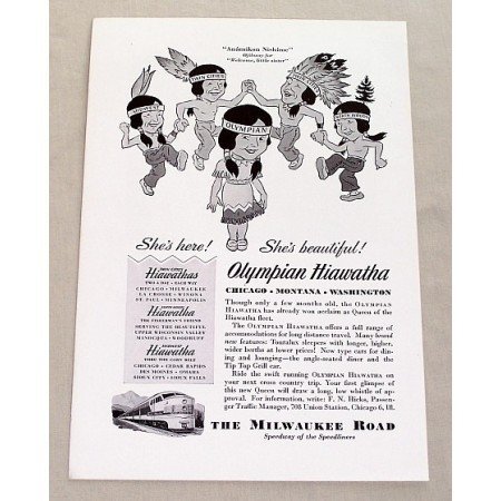 1947 Milwaukee Road Olympian Hiawatha Fleet Train Indian Art Vintage Print Ad
