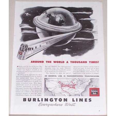 1945 Burlington Lines Railroad Vintage Print Ad - Around The World