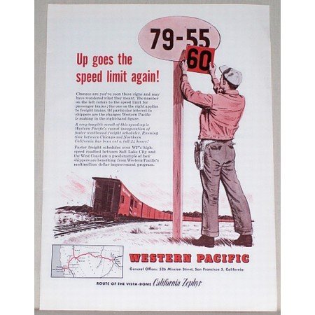 1958 Western Pacific Railroad Color Print Ad - Up Goes Speed Limit!