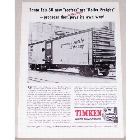 1954 Timken Roller Bearings Santa Fe Train Car Vintage Print Ad