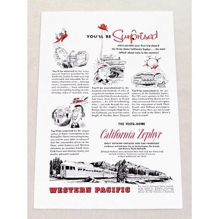 1955 Western Pacific Railroad California Zephyr Vintage Print Ad
