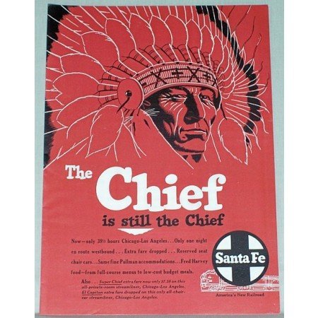 1954 Santa Fe Railroad Color Print Ad - The Chief