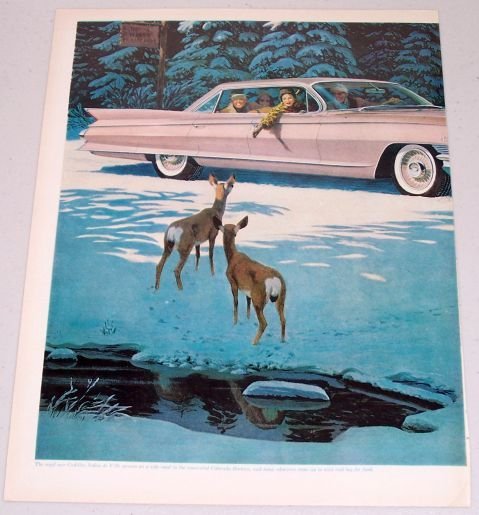 1961 Cadillac Sedan De Ville Automobile Winter Scene Deer Art 2 Page Color Print Car Ad