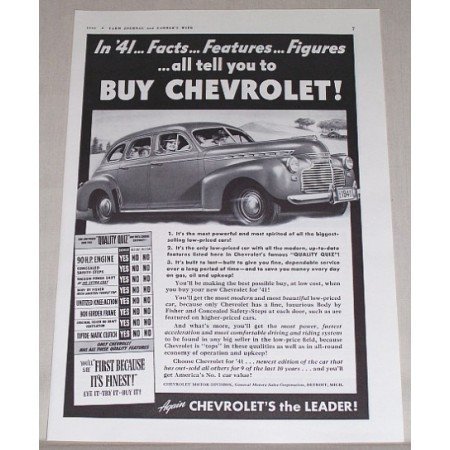 1941 Chevrolet Sedan Automobile Vintage Print Car Ad - Facts..Features..Figures