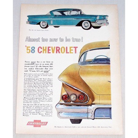 1958 Chevrolet Bel Air Impala Sport Coupe Automobile Color Print Car Ad
