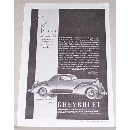 1935 Chevrolet Master Deluxe Sport Coupe Automobile Vintage Print Car Ad