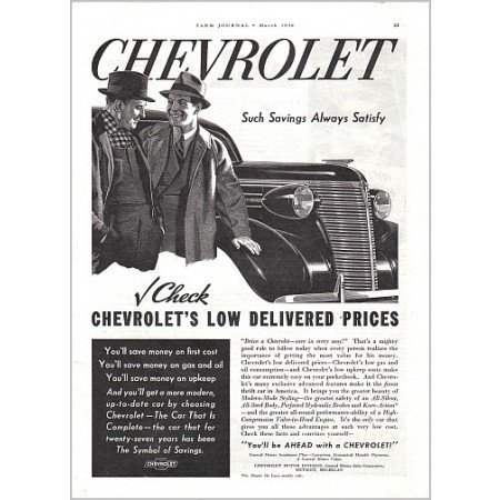 1938 Chevrolet Automobile Vintage Print Car Ad - Low Delivered Prices