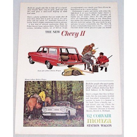 1962 Chevy II Nova Monza Station Wagons Automobile Hunting Art Color Print Car Ad