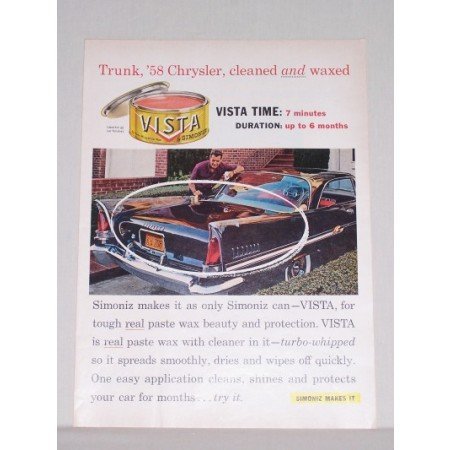 1958 Simoniz Vista Car Wax 58 CHRYSLER Automobile Color Print Car Ad