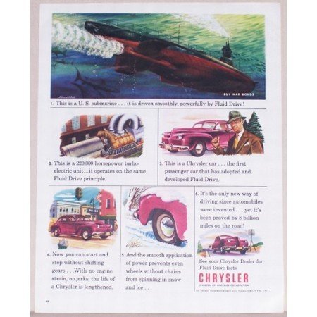 1945 Chrysler Corp. U.S. SUBMARINE Color Wartime Art Color Print Ad