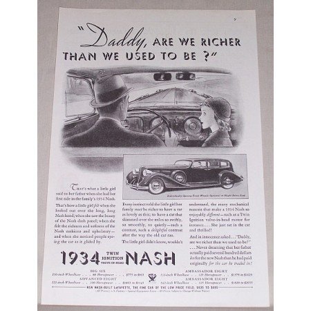 1934 Nash Automobile Vintage Print Car Ad - Daddy Are We Richer?
