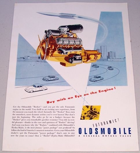 1949 Futuramic Oldsmobile Rocket Engine Color Print Art Ad