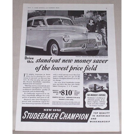 1942 Studebaker Champion Sedan Automobile Vintage Print Car Ad