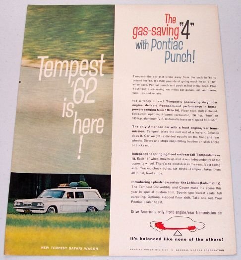 1961 Color Print 2 Page Car Ad for 1962 Pontiac Tempest Automobile