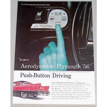 1956 Plymouth Areodynamic Push Button Driving Color Print Car Ad