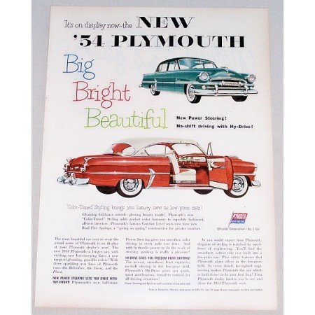 1954 Plymouth Automobile Color Print Car Ad Ad - Big Bright..