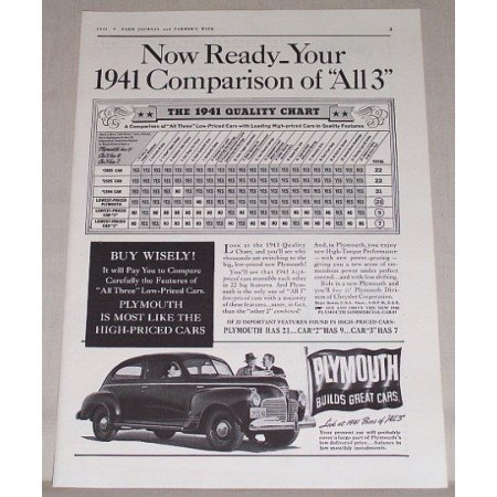 1941 Plymouth Sedan Automobile Vintage Print Car Ad - 1941 Comparison Of All 3