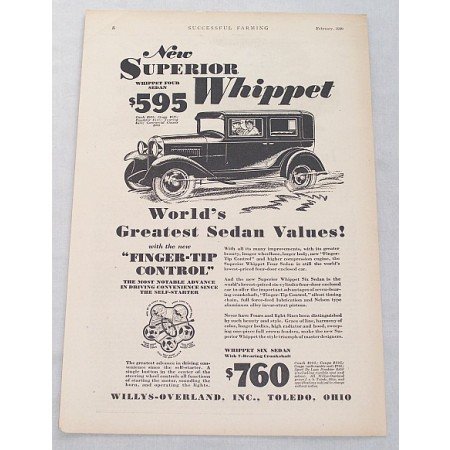 1929 Willys Overland Whippet Four Sedan Automobile Vintage Print Car Ad