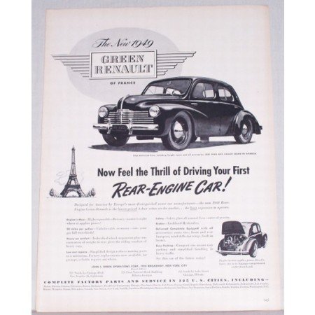 1949 Green Renault Of France Automobile Vintage Print Car Ad