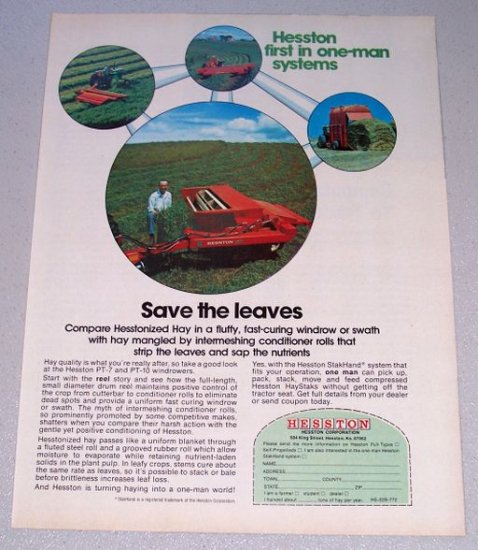 1973 HESSTON PT-7 PT-10 Windrowers Farm Implements Vintage Color Print Ad