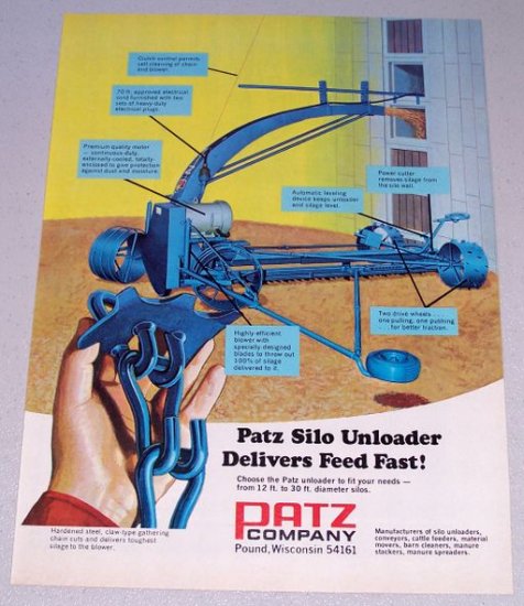 1973 PATZ Silo Unloader Vintage Color Print Farming Ad