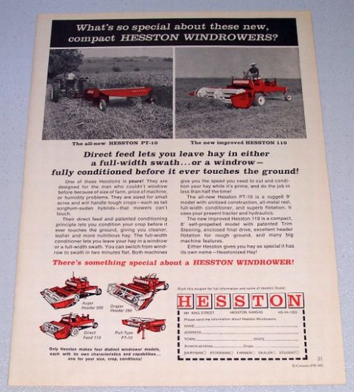 1966 HESSTON PT-10 Pull Type 110 Self Propelled Windrowers Print Ad