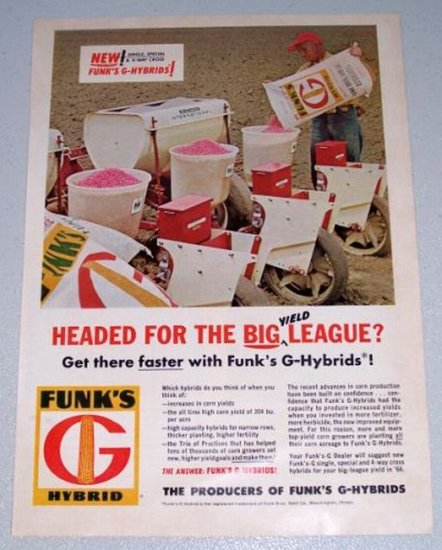1966 FUNK'S G Hybrid Seeds Color Print Ad McCormick International Seed Sower