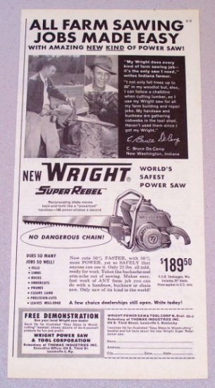 1958 WRIGHT Super Rebel Power Chain Saw Print Ad