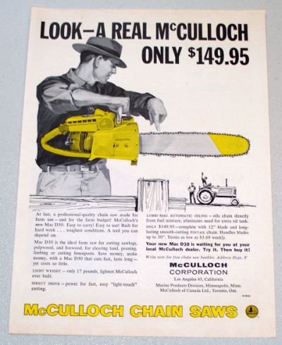 1958 McCULLOCH Mac D30 Power Chain Saw Print Ad
