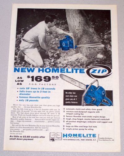 1958 HOMELITE Zip Power Chain Saw Print Ad