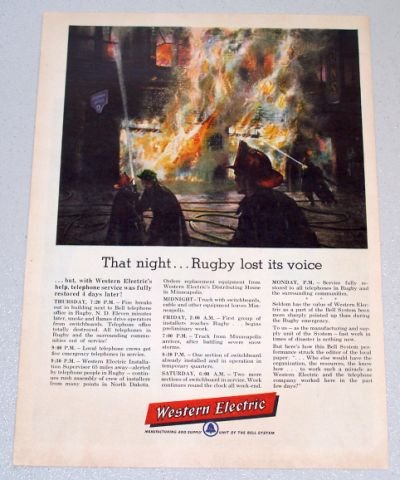 1956 WESTERN ELECTRIC Telephone Firefighter Fire Art Color Print Ad - Rugby Lost Its Voice