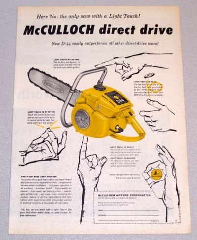 1956 McCULLOCK D-44 Direct Drive Power Chain Saw Print Ad