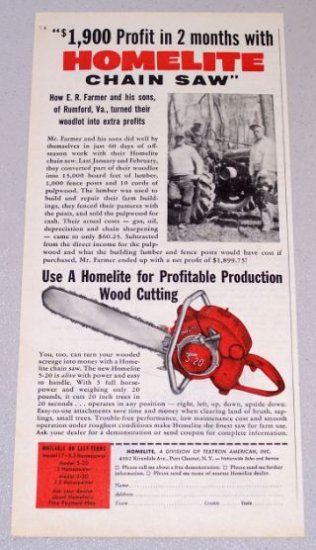 1956 HOMELITE 5-20 Power Chain Saw Print Ad E.R. Farmer Rumford Va