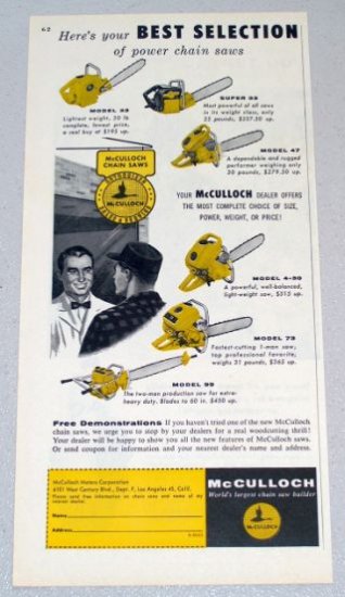 1956 McCULLOCH Power Chain Saws Color Print Ad