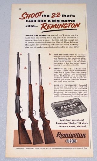 1956 REMINGTON 22 Short ROCKET Rifle Shells Print Ad