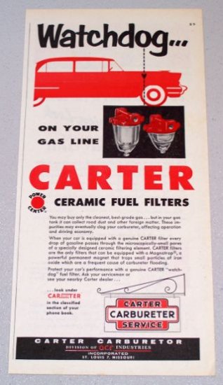 1956 CARTER Carbureter Service Ceramic Fuel Filters Color Print Ad
