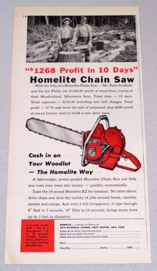 1956 HOMELITE EZ Power Chain Saw Print Ad Felix Philip Svoboda Meadowland Minn