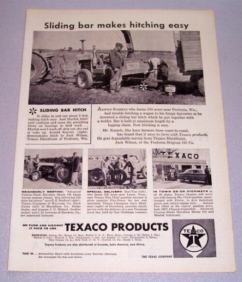 1957 TEXACO Products Sliding Bar Hitch Farming Print Ad