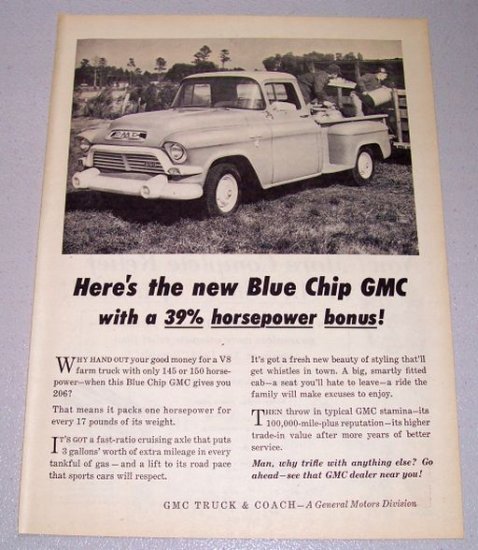 1957 Blue Chip GMC Pickup Truck Print Ad