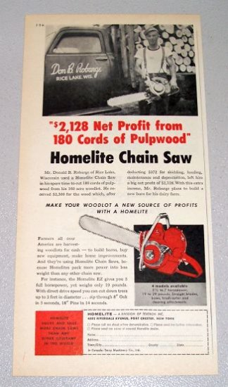 1957 HOMELITE EZ Chain Saw Print Ad Donald Robarge Rice Lake Wisconsin