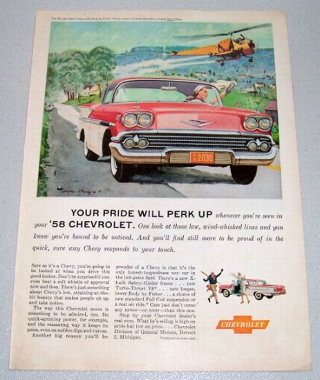 1958 CHEVROLET Bel Air Sport Coupe Automobile Color Art Print Car Ad