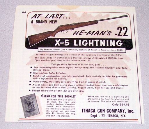 1958 Ithaca He-Man's .22 X-5 Lightning Rifle Print Ad