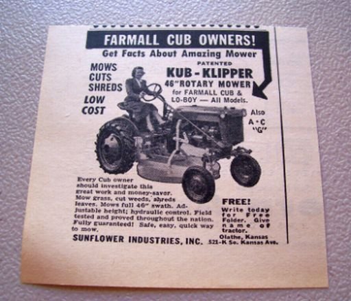1956 Farmall Cub Kub Clipper 46" Rotary Mower Print Ad