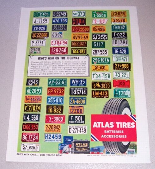 1955 Atlas Tires 50 License Plates Color Print Ad